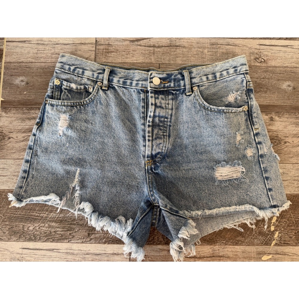 Bluivy Denim Cutoff Shorts Size Large Blue Distressed High Waisted Boho Festival